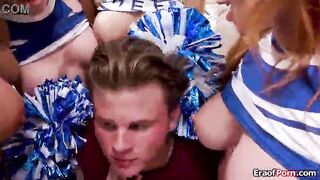 Peeping tom is caught by five horny cheerleader milf besties and they now want to suck his big dick.The big melons cougars line up to get fucked