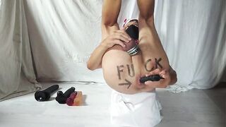 servenaked in peniscage fastened up at his feet alone in his chamber playing with the dildos in gay booty, at least 2 same time