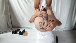 servenaked in peniscage fastened up at his feet alone in his chamber playing with the dildos in gay booty, at least 2 same time