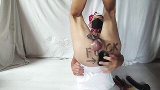 servenaked in peniscage fastened up at his feet alone in his chamber playing with the dildos in gay booty, at least 2 same time