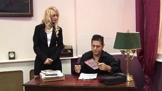 Golden-haired office slut likes cum in her mouth