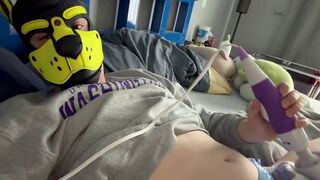Yellow pup humps buzz wand and desperately tries to cum in soggy diaper