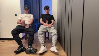 two boyz stroking uncut knob and cum