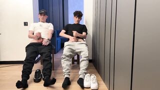two boyz stroking uncut knob and cum