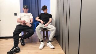 two boyz stroking uncut knob and cum