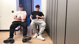 two boyz stroking uncut knob and cum