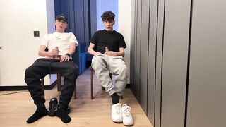 two boyz stroking uncut knob and cum