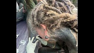 Wild Tattoo Shop Moment - Tattooing While Giving a Head