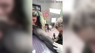 Wild Tattoo Shop Moment - Tattooing While Giving a Head