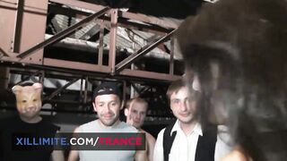 Public gang bang with young brunette Daphnée