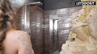 He Came All Over Her Big Bazookas After a Sloppy Titjob... Then two Latinas Eat Pussy in the Shower