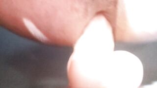 Closeup 14 inch dildo anal pounding with exercise machine