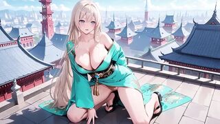 Emerald Kimono Queen! Languidly Sprawled on the Sun-drenched Bedroom Bed, She Gazes Back with a Sleepy Allure
