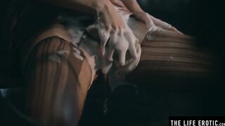 Puffy nippled milf fucking herself hard in a run down shack
