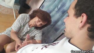 Clothed 70 years old granny rides young wang