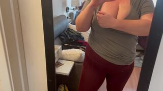 walking braless in public - t-shirt and leggings