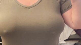 walking braless in public - t-shirt and leggings