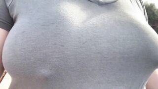walking braless in public - t-shirt and leggings