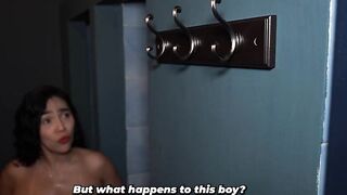 What are you doing?! - Big-bootied stepmother has to come out of the baths wet after her stepson takes her towel