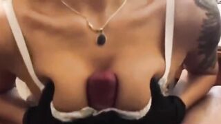 Sexy blonde stepsister gives me tit wank in bra with latex gloves