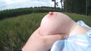 Lean on a tree ready for titslapping