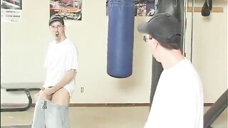 Curly golden-haired bitch getting vagina penetration in gym