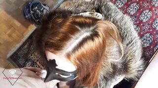 MILF in fur gets anal creampie on a living room table after twat licking.