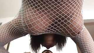 Ravishing boobs brunette in white fishnet top gets cum after super fuck on sofa