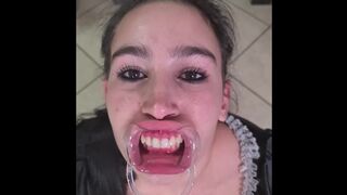 French maid tries to drink her own piss through lip retractor - a matter of joke fail
