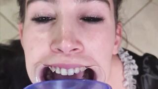 French maid tries to drink her own piss through lip retractor - a matter of joke fail