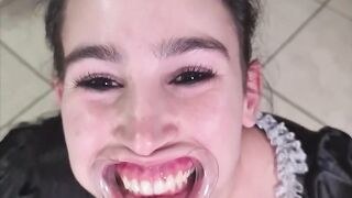 French maid tries to drink her own piss through lip retractor - a matter of joke fail