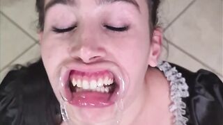 French maid tries to drink her own piss through lip retractor - a matter of joke fail