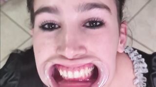 French maid tries to drink her own piss through lip retractor - a matter of joke fail