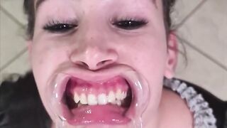French maid tries to drink her own piss through lip retractor - a matter of joke fail