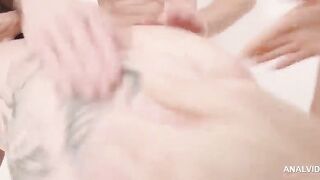 Office doxy secretary kneels by the desk for triple anal tease, double anal toys, anal wish, belly drops, squirting enjoyment and warm cum on her blouse