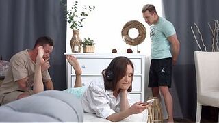 Small teen takes part in Hunk+Hunk+Female three-some