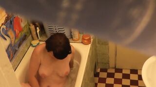 Stepmom goes to bath, wanks snatch, student stepson watches