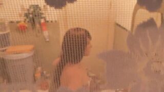 Stepmom goes to bath, wanks snatch, student stepson watches