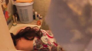 Stepmom goes to bath, wanks snatch, student stepson watches