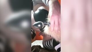 Crossdressing Femboy Twink rides bad dragon dildo and gags on it