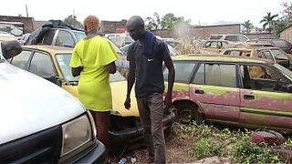 The mechanic has sex with his female customer in the garage while her vehicle is being repaired.