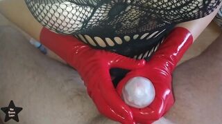 Handjob - Ruined fast 2 times in red latex gloves using tenga egg