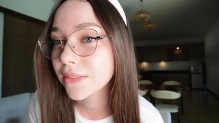 A Cute Bunny Caresses Her Pink Cunt and Orgasms with a Big Dildo.