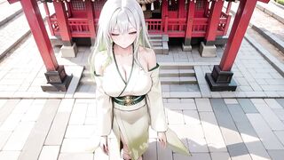 Silver-haired Shrine Maiden Secrets! Languidly Reclining in a Red Corridor, Her Bare Shoulders and Lush Thighs Undressed