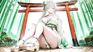 Silver-haired Shrine Maiden Secrets! Languidly Reclining in a Red Corridor, Her Bare Shoulders and Lush Thighs Undressed