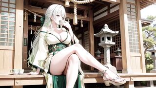 Silver-haired Shrine Maiden Secrets! Languidly Reclining in a Red Corridor, Her Bare Shoulders and Lush Thighs Undressed