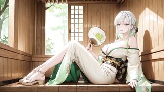Silver-haired Shrine Maiden Secrets! Languidly Reclining in a Red Corridor, Her Bare Shoulders and Lush Thighs Undressed