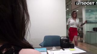 two Hot Coworkers Pull Him Into the Office... One Sits on His Face While the Other Rides His Rod