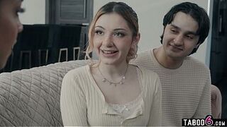 MILF biology teacher tutors excited teen couple about bi-sexual sex