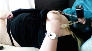 Bulky beauty orgasm with teat clamps and vibrator gag